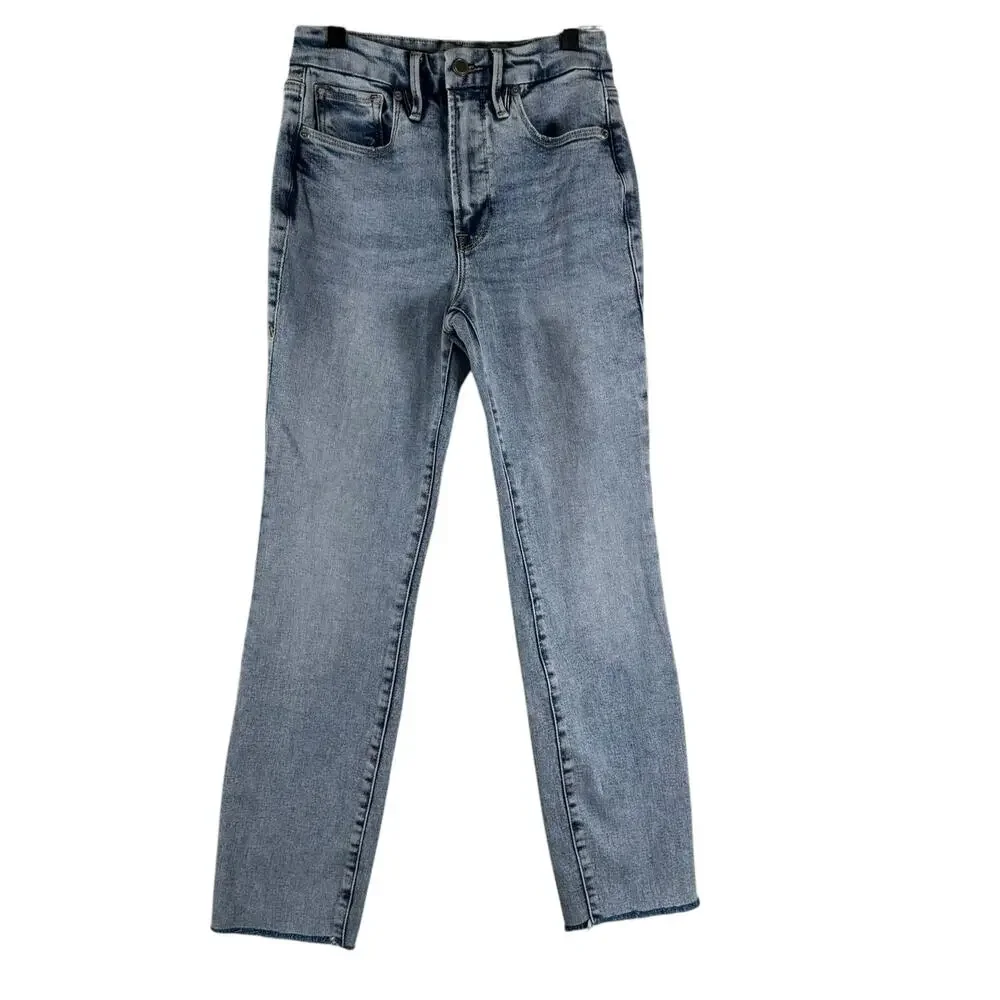 Good American Straight Leg Raw Hem Jeans Light Wash Indigo High Rise Womens Sz 0 - Picture 2 of 10
